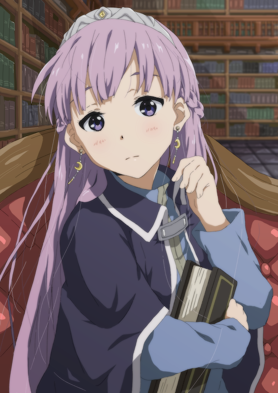 1girl blue_dress blush book chair cloak commentary_request crescent crescent_earrings dress earrings eyebrows_behind_hair fire_emblem fire_emblem:_the_binding_blade idolaidolla jewelry library long_hair purple_hair solo sophia_(fire_emblem) tiara violet_eyes