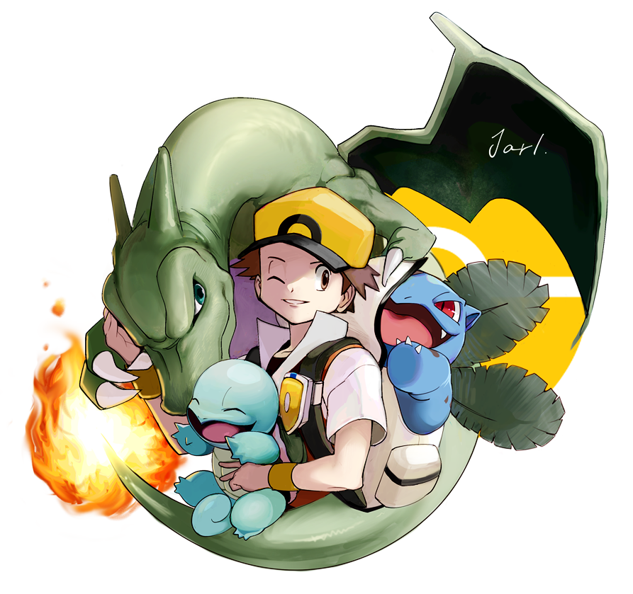 1boy alternate_color baseball_cap brown_eyes brown_hair charizard commentary_request fire flame gen_1_pokemon hat holding holding_pokemon ivysaur jacket looking_back male_focus one_eye_closed parted_lips pokemon pokemon_(creature) pokemon_(game) pokemon_frlg red_(pokemon) short_sleeves signature squirtle super_smash_bros. three_guo vs_seeker white_background yellow_headwear yellow_wristband
