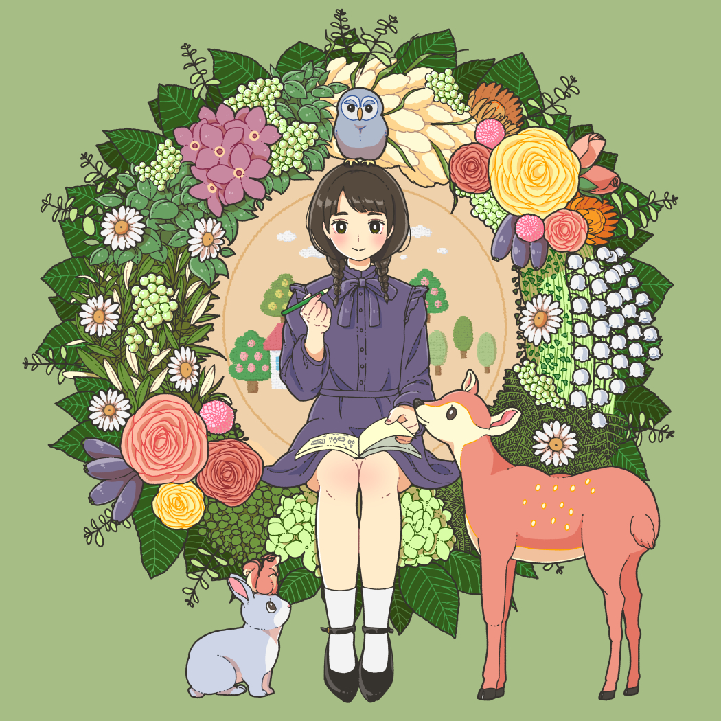 1girl bird black_footwear black_hair blush book deer dress flower green_background leaf long_hair open_book orange_flower original owl pencil pink_flower purple_dress purple_flower rabbit red_flower shoes sitting smile socks solo squirrel twintails white_flower white_legwear wide_shot wreath yellow_flower yoshimon