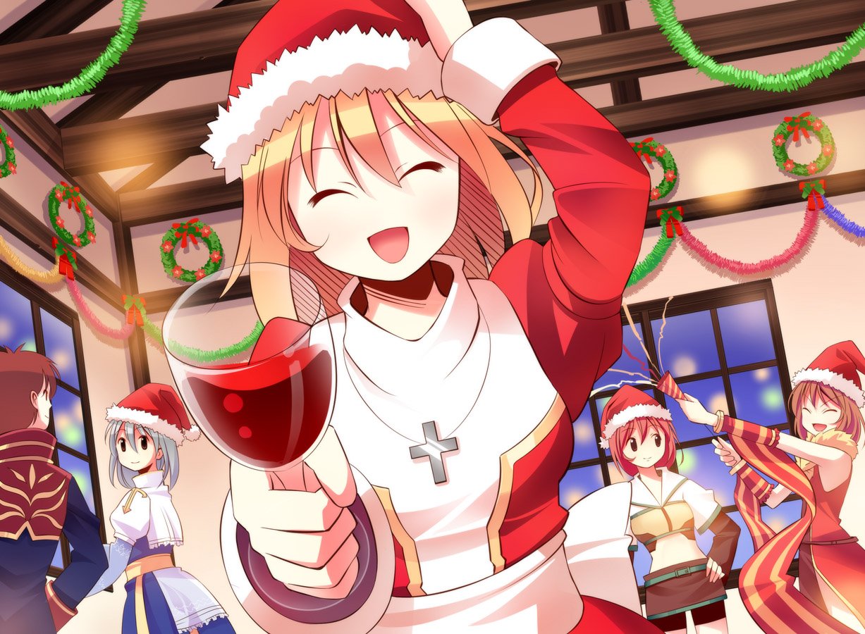 1boy 4girls alcohol archbishop_(ragnarok_online) bangs black_coat blonde_hair blue_dress bow breasts brown_eyes brown_hair brown_shorts christmas closed_eyes closed_mouth coat commentary_request crop_top cross cross_necklace cup detached_sleeves doridori dress drinking_glass eyebrows_visible_through_hair hair_between_eyes hand_on_headwear happy hat hatching_(texture) high_priest_(ragnarok_online) hunter_(ragnarok_online) indoors jewelry linear_hatching long_hair long_sleeves looking_at_another looking_at_viewer looking_to_the_side medium_breasts medium_hair midriff miniskirt multiple_girls necklace open_mouth party_popper pink_hair priest_(ragnarok_online) professor_(ragnarok_online) ragnarok_online red_coat red_dress red_sleeves santa_hat sash shirt short_hair shorts shorts_under_skirt silver_hair skirt sleeveless sleeveless_dress smile standing streamers striped_sleeves two-tone_coat two-tone_dress upper_body white_bow white_dress white_sash white_shirt window wine wine_glass wreath yellow_sash yellow_sleeves