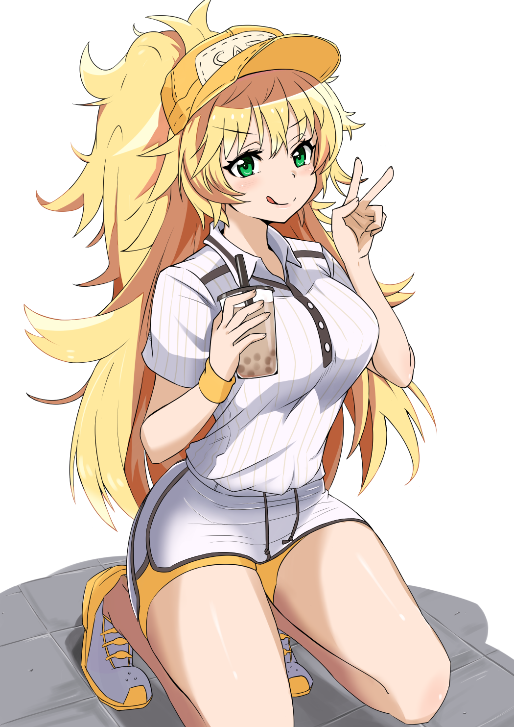 1girl :q alternate_costume alternate_hairstyle bangs baseball_cap bike_shorts blonde_hair bubble_tea collared_shirt cup disposable_cup drinking_straw eyebrows_visible_through_hair girls_frontline green_eyes hat highres holding holding_cup kneeling long_hair looking_at_viewer messy_hair ponytail renfuu s.a.t.8_(girls_frontline) shirt shoes short_sleeves shorts shorts_under_skirt skirt smile solo tongue tongue_out v white_shirt white_skirt yellow_headwear yellow_shorts