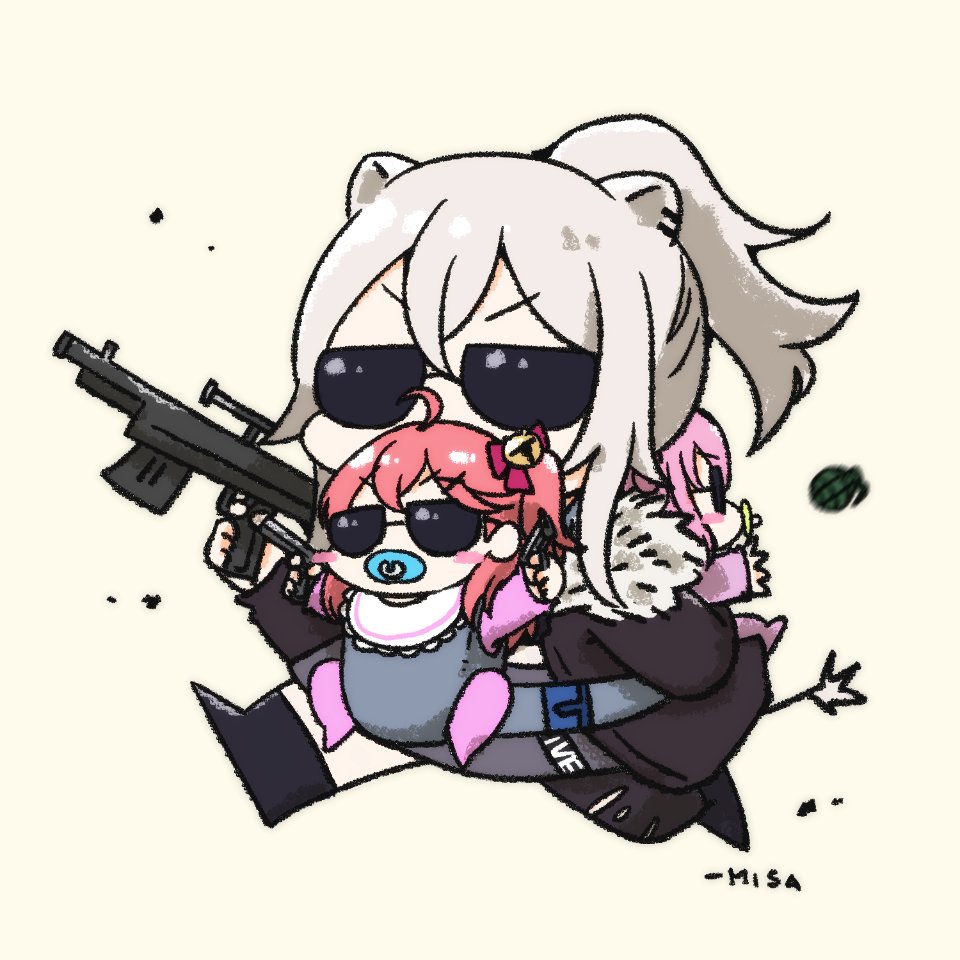 3girls ahoge animal_ears baby baby_carrier babywearing bell bib blush_stickers chibi dual_wielding explosive grenade gun hair_bell hair_ornament himemori_luna holding holding_gun holding_weapon hololive lion_ears multiple_girls pacifier pink_hair ponytail redhead sakura_miko shishiro_botan side_ponytail signature sunglasses throwing wakatsuki_misato weapon