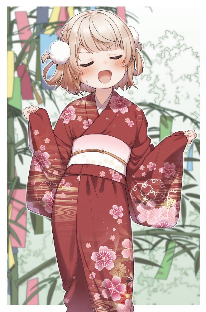 1girl :d bangs blurry blurry_background blush braid closed_eyes commission depth_of_field eyebrows_visible_through_hair facing_viewer floral_print indie_virtual_youtuber japanese_clothes kimono light_brown_hair long_sleeves obi open_mouth pinching_sleeves print_kimono red_kimono sash shigure_ui_(vtuber) skeb_commission sleeves_past_wrists smile solo sweat tanabata tanzaku virtual_youtuber wide_sleeves yukie_(kusaka_shi)