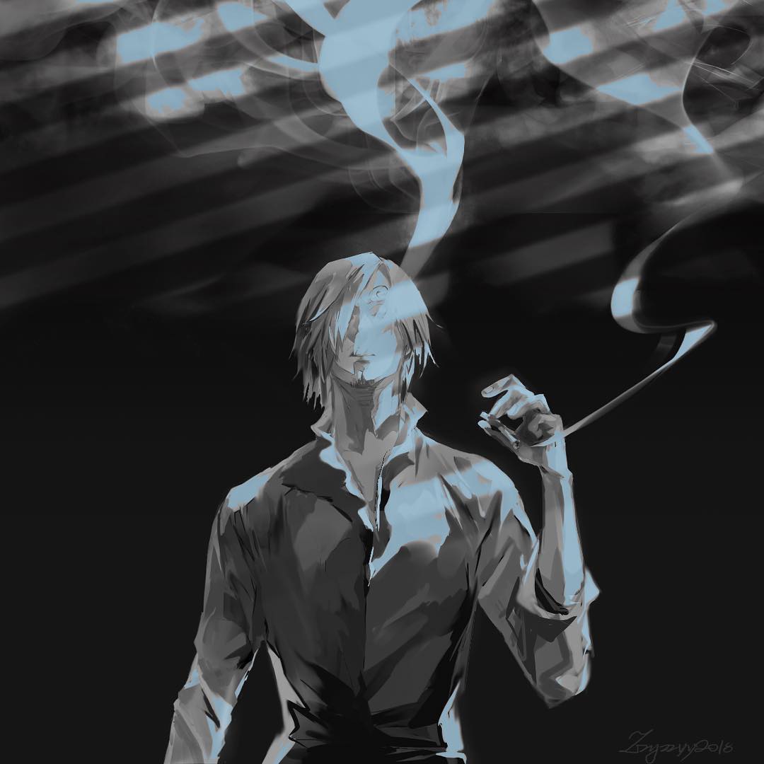 1boy artist_name black_background cigarette commentary english_commentary facial_hair goatee greyscale hair_over_one_eye holding holding_cigarette long_sleeves looking_at_viewer male_focus monochrome one_piece painttool_sai_(medium) sanji shirt short_hair signature simple_background smoke solo upper_body zzyzzyy