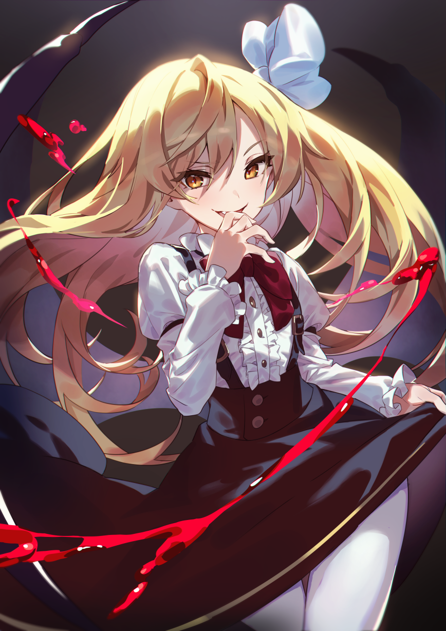 1girl ambiguous_red_liquid bangs bat_wings black_skirt black_wings blonde_hair blouse bow buckle buttons center_frills covering_mouth floating_hair frilled_blouse frilled_shirt frilled_sleeves frills hair_bow hand_up high-waist_skirt highres juliet_sleeves kurumi_(touhou) light_blush long_hair long_sleeves looking_at_viewer open_mouth pantyhose popped_collar puffy_sleeves red_bow red_neckwear shirt sidelocks skirt skirt_hold skirt_lift slit_pupils smile solo suspender_skirt suspenders swept_bangs touhou touhou_(pc-98) uu_uu_zan very_long_hair white_blouse white_bow white_legwear white_shirt wings yellow_eyes