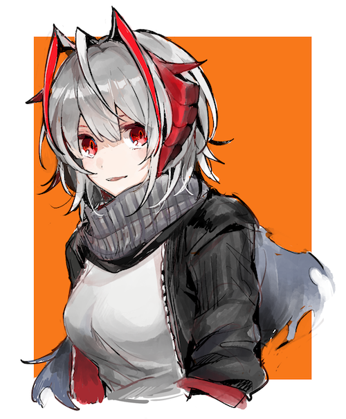 1girl arknights black_jacket horns jacket open_mouth red_eyes scarf shirt smile umesasami w_(arknights) white_background white_hair white_shirt