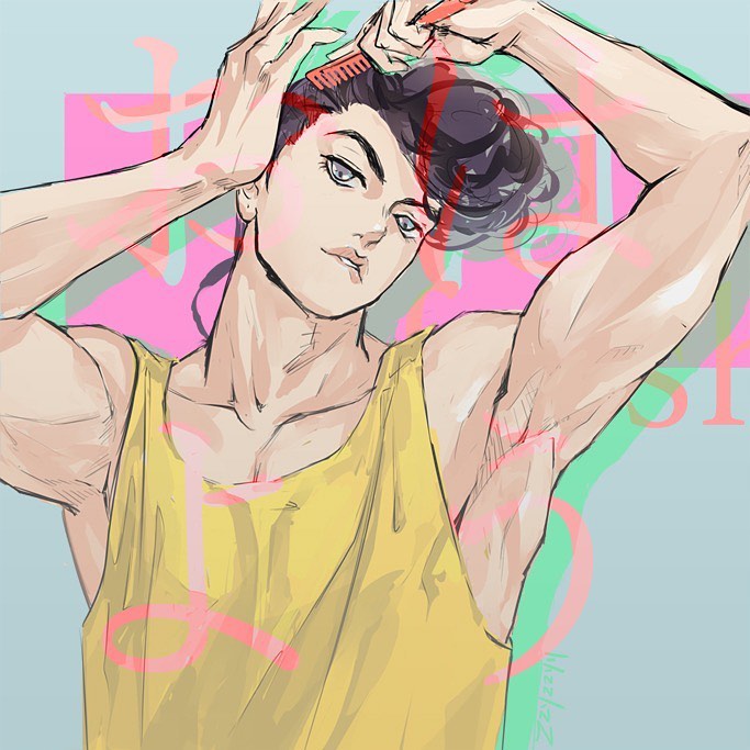 1boy armpits arms_up background_text black_eyes black_hair blue_background collarbone comb combing commentary diamond_wa_kudakenai english_commentary higashikata_jousuke holding holding_comb jojo_no_kimyou_na_bouken looking_at_viewer male_focus muscle pectorals pompadour shirt short_hair signature sketch sleeveless sleeveless_shirt solo upper_body yellow_shirt zzyzzyy