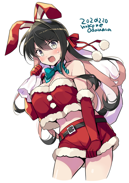 1girl animal_ears artist_name bare_shoulders black_hair blue_neckwear bow bowtie breasts commentary_request cowboy_shot crop_top crop_top_overhang cropped_legs dated detached_collar elbow_gloves fake_animal_ears fang fur-trimmed_gloves fur-trimmed_skirt fur_trim gloves kantai_collection large_breasts long_hair looking_at_viewer miniskirt multicolored_hair naganami_(kantai_collection) odawara_hakone pink_hair rabbit_ears red_gloves red_skirt sack simple_background skin_fang skirt skirt_pull solo standing two-tone_hair wavy_hair white_background