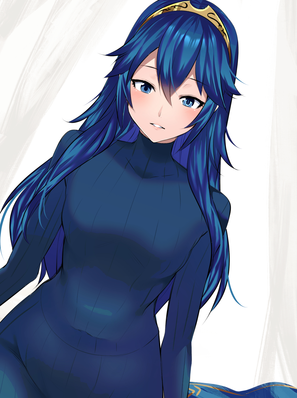 1girl ameno_(a_meno0) blue_eyes blue_hair blush breasts clothes_removed fire_emblem fire_emblem_awakening hair_between_eyes highres long_hair long_sleeves looking_at_viewer lucina_(fire_emblem) medium_breasts simple_background solo symbol-shaped_pupils tiara upper_body