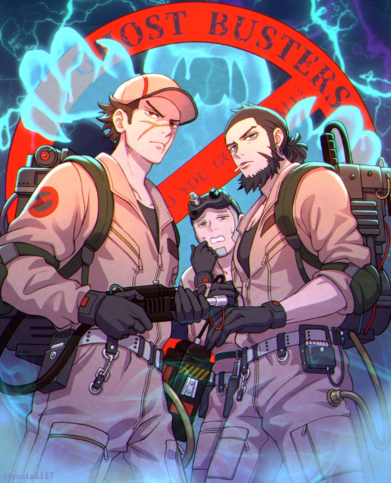 3boys black_gloves black_hair blue_eyes cigarette copyright_name frown ghost ghost_trap ghostbusters gloves golden_kamuy grey_hair hat highres holding holding_weapon jumpsuit kiroranke male_focus mouth_hold multiple_boys proton_pack red_eyes ronta5157 scar scar_on_face scar_on_nose serious shiraishi_yoshitake sideburns sugimoto_saichi sweatdrop twitter_username weapon