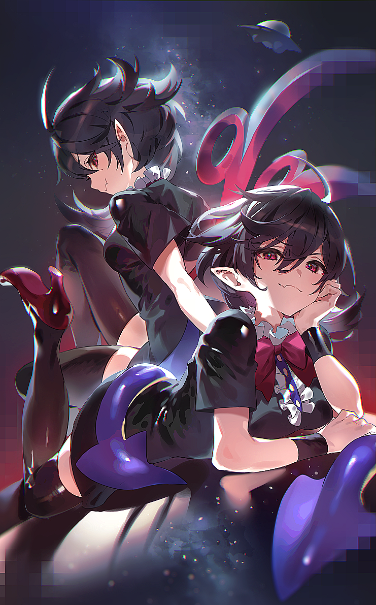 2girls ahoge arm_behind_back arm_strap armband asymmetrical_hair asymmetrical_wings bangs black_dress black_hair black_legwear blue_wings bow bowtie breasts buttons censored center_frills cheek_rest clone closed_mouth collar collared_dress dress fang flipped_hair flying frilled_collar frilled_dress frills hair_between_eyes hand_on_own_cheek hand_on_own_face hand_up head_rest high_heels houjuu_nue knee_up leg_up looking_at_viewer looking_back looking_to_the_side lying medium_breasts mosaic_censoring multiple_girls naughty_face on_stomach outstretched_arm pointy_ears profile pumps red_bow red_eyes red_footwear red_neckwear red_wings short_dress short_hair short_sleeves sidelocks sitting skin_fang starry_background thigh-highs touhou ufo uu_uu_zan wavy_mouth wings zettai_ryouiki