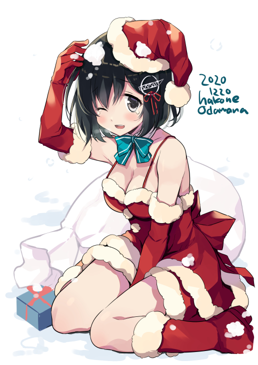 1girl artist_name bell black_hair blue_ribbon blush boots box breasts brown_eyes christmas dated dress elbow_gloves eyebrows_visible_through_hair gift gift_box gloves haguro_(kantai_collection) hair_between_eyes hair_ornament hat kantai_collection looking_at_viewer medium_breasts medium_hair merry_christmas neck_ribbon odawara_hakone one_eye_closed red_dress red_footwear red_gloves red_headwear ribbon sack santa_boots santa_costume santa_hat short_hair sitting snow solo tears wariza