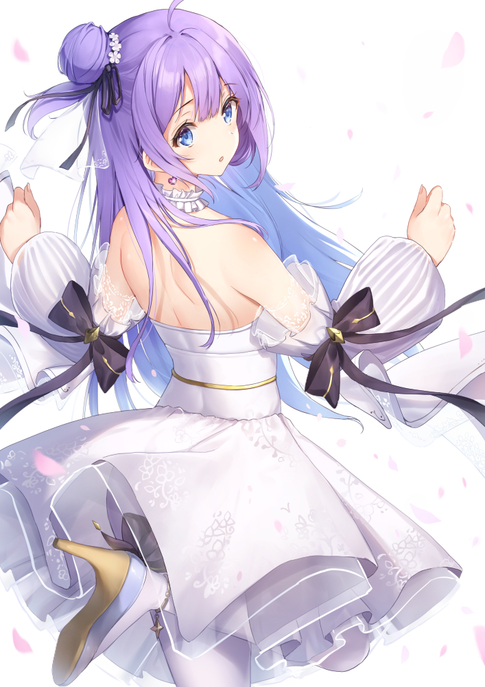 1girl ahoge azur_lane bare_back bare_shoulders blue_eyes bow choker chuu_ling collarbone commentary_request detached_sleeves dress earrings eyebrows_visible_through_hair flower frilled_dress frills from_behind hair_between_eyes hair_bow hair_bun hair_flower hair_ornament hair_ribbon high_heels jewelry long_hair looking_at_viewer looking_back one_side_up outstretched_arms parted_lips petals puffy_sleeves purple_hair ribbon simple_background solo spread_arms standing standing_on_one_leg unicorn_(a_dream_of_pure_vows)_(azur_lane) unicorn_(azur_lane) violet_eyes wedding_dress white_background white_dress white_legwear