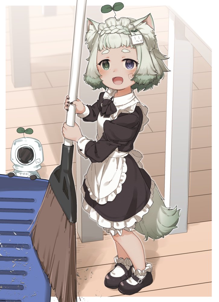 1girl 1other :d animal_ear_fluff animal_ears apron black_bow black_dress black_footwear bobby_socks bow braid broom collared_dress commission dress dustpan frilled_apron frilled_dress frills green_eyes green_hair heterochromia holding holding_broom indoors juliet_sleeves long_sleeves looking_at_viewer maid maid_apron maid_headdress minigirl open_mouth original puffy_sleeves shoes skeb_commission smile socks solo_focus tail violet_eyes white_apron white_legwear wooden_floor yukie_(kusaka_shi)