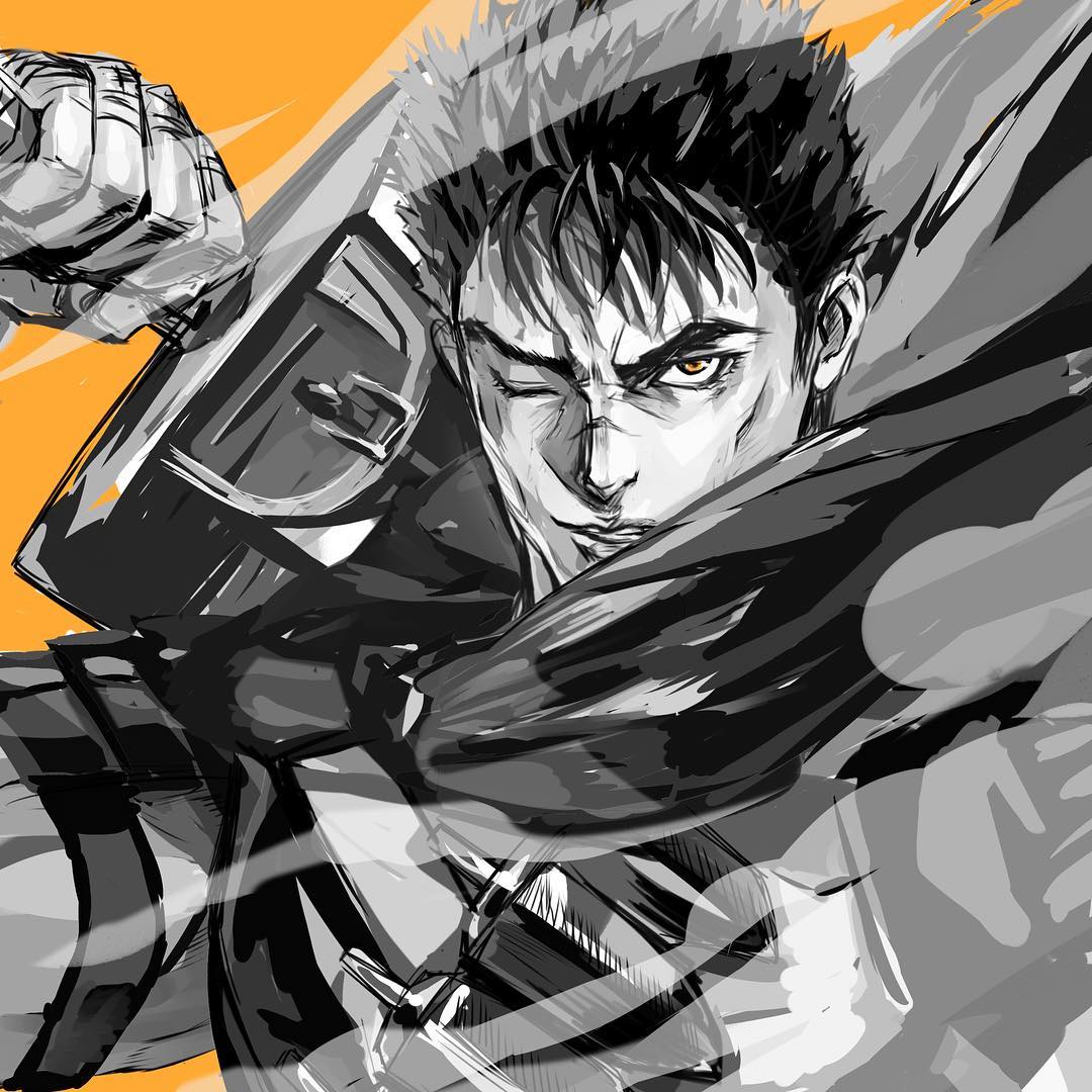 1boy bangs berserk commentary commission dragonslayer_(sword) english_commentary greyscale guts_(berserk) holding holding_sword holding_weapon lips looking_at_viewer male_focus monochrome one_eye_closed orange_background orange_eyes over_shoulder parted_lips scar scar_on_face scar_on_nose serious short_hair simple_background sketch solo spot_color sword thick_eyebrows upper_body weapon weapon_over_shoulder zzyzzyy