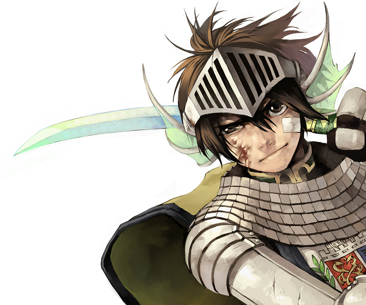 1boy armor bandaid bandaid_on_face bangs blood blood_on_face brown_eyes brown_hair cape chainmail closed_mouth commentary_request dutch_angle emblem gauntlets grandyoukan green_cape hair_between_eyes head_fins helmet holding holding_sword holding_weapon knight_(ragnarok_online) korean_commentary looking_at_viewer male_focus pauldrons ragnarok_online short_hair shoulder_armor simple_background solo sword uneven_eyes weapon white_background