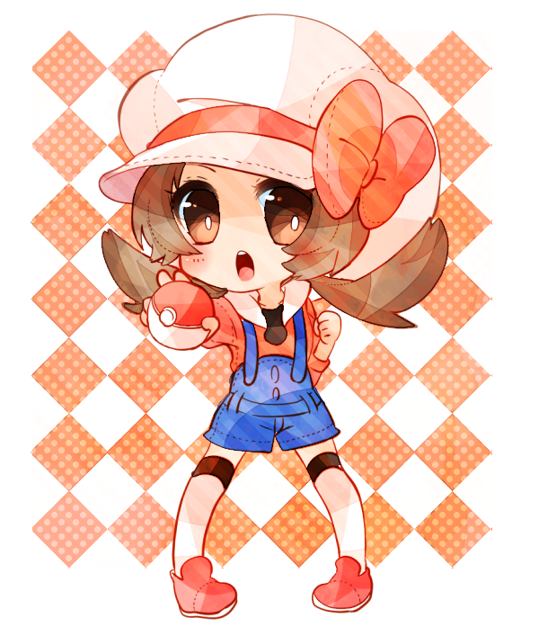 1girl blue_overalls brown_eyes checkered checkered_background commentary_request flat_chest legs_apart long_hair lyra_(pokemon) open_mouth overalls pokemon pokemon_(game) pokemon_hgss shoes solo standing twintails white_headwear yukiu_(yukiusagi913)