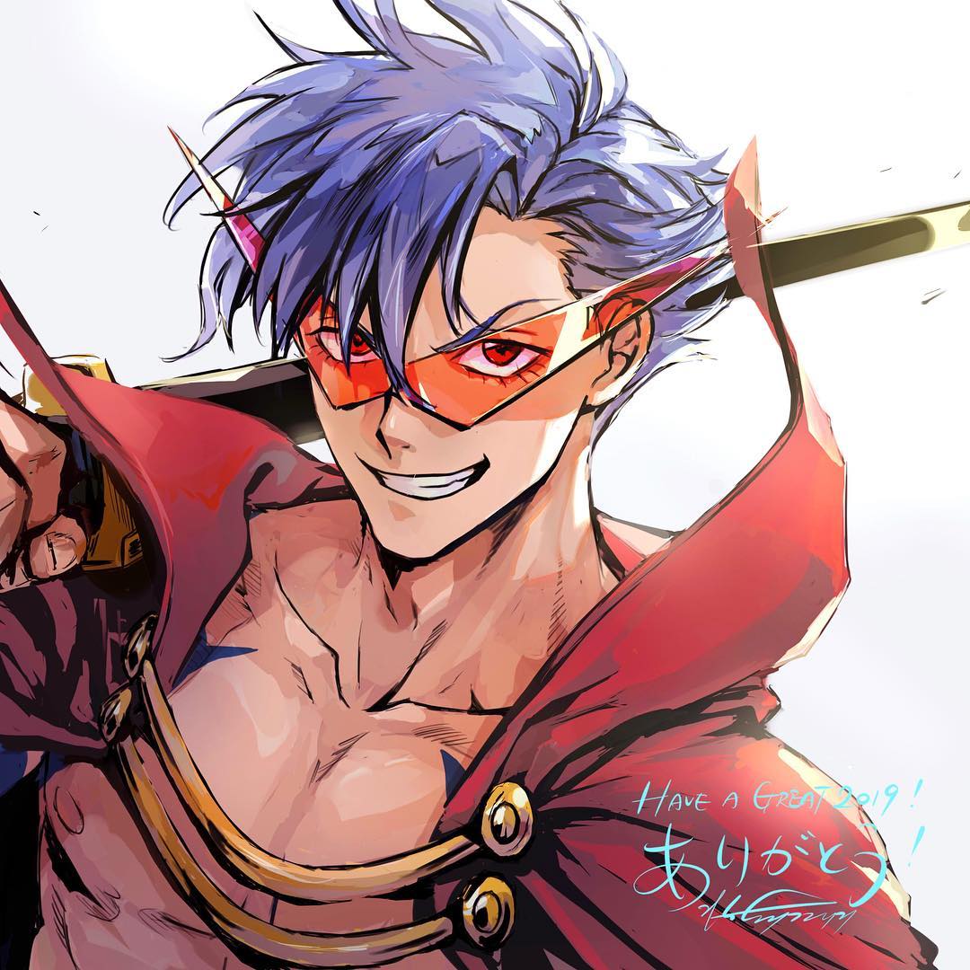 1boy bangs blue_hair cape collarbone commentary commission english_commentary english_text grin hair_between_eyes holding holding_sword holding_weapon kamina_(ttgl) kamina_shades looking_at_viewer male_focus nipples over_shoulder pectorals red_cape red_eyes shirtless short_hair signature simple_background smile solo sword tattoo teeth tengen_toppa_gurren_lagann thank_you translated upper_body weapon weapon_over_shoulder white_background zzyzzyy