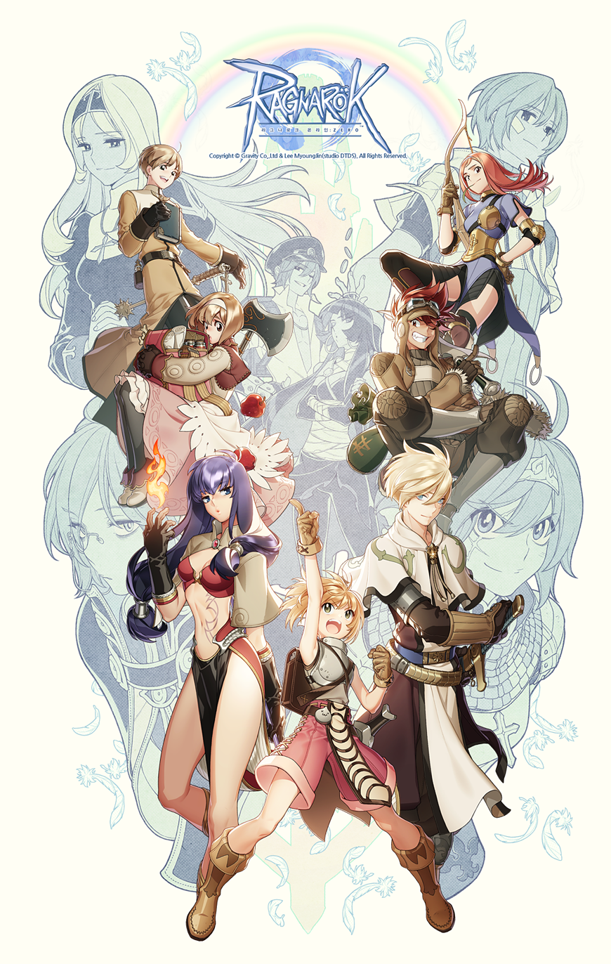 6+boys 6+girls acolyte_(ragnarok_online) apple_on_head archer_(ragnarok_online) armor assassin_(ragnarok_online) axe backpack bag bandages bandaid bandaid_on_cheek bangs black_gloves black_legwear black_pants black_skirt blacksmith_(ragnarok_online) blonde_hair blue_eyes blue_shirt book boots bow_(weapon) bra breastplate breasts brown_capelet brown_eyes brown_footwear brown_gloves brown_hair brown_pants brown_shirt cape capelet cassock chainmail clenched_teeth closed_mouth commentary_request copyright_name cross dagger dress feathers fire flail full_body gauntlets gloves goggles goggles_on_head grandyoukan green_eyes grin hair_between_eyes hairband hat highres holding holding_book holding_bow_(weapon) holding_weapon hunter_(ragnarok_online) knight_(ragnarok_online) korean_commentary long_hair long_sleeves looking_at_viewer looking_to_the_side mace mage_(ragnarok_online) magic medium_breasts medium_hair merchant_(ragnarok_online) midriff monocle morning_star multiple_boys multiple_girls navel novice_(ragnarok_online) official_art one_eye_closed open_mouth pants pantyhose peaked_cap pelvic_curtain pink_dress pink_hair pink_shorts pointing pointing_up potion priest_(ragnarok_online) purple_hair ragnarok_online rainbow red_bra red_cape red_eyes redhead scroll shirt short_hair short_sleeves shorts shrug_(clothing) sidelocks simple_background skirt smile standing sword swordsman_(ragnarok_online) teeth thief_(ragnarok_online) underwear waist_cape weapon white_background white_capelet wizard_(ragnarok_online)