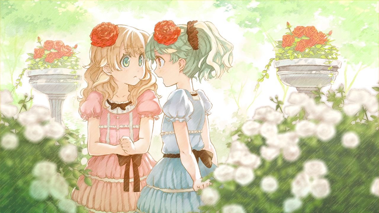 2girls bare_arms black_bow black_scrunchie blonde_hair blue_dress blurry blurry_foreground bow brown_eyes collarbone cosmic_(crownclowncosmic) dress eye_contact flower game_cg green_eyes green_hair hair_flower hair_ornament hair_scrunchie long_hair looking_at_another multiple_girls open_mouth pink_dress profile red_flower sakura_futaba sakura_ichika scrunchie short_sleeves siblings sisters tsui_yuri_okaa_san_ni_wa_naisho_da_yo twintails white_flower