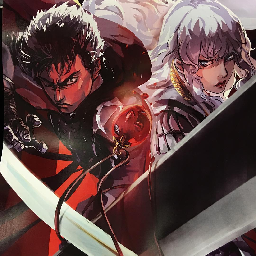 2boys androgynous armor bangs berserk black_eyes black_hair blood blue_eyes closed_mouth commentary dragonslayer_(sword) english_commentary floating_hair griffith_(berserk) guts_(berserk) huge_weapon lips long_hair looking_at_viewer male_focus multiple_boys one_eye_closed painttool_sai_(medium) red_lips scar scar_on_face scar_on_nose serious short_hair sword upper_body wavy_hair weapon white_hair zzyzzyy