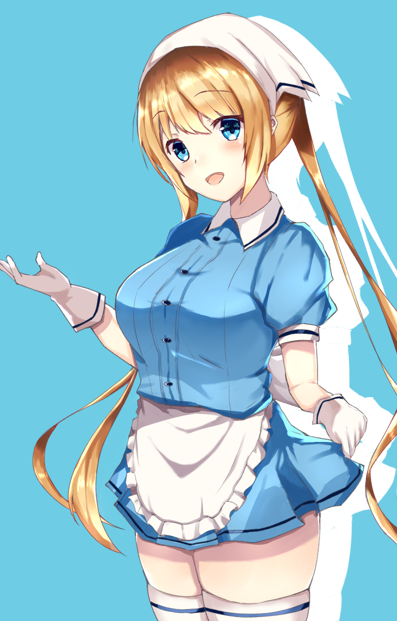 1girl apron blend_s blonde_hair blue_background blue_eyes blue_shirt breasts buttons collared_dress curtsey dress eyebrows_visible_through_hair frilled_apron frills gloves guillotine_(guillo_twin) hair_between_eyes head_scarf highres hinata_kaho large_breasts long_hair looking_at_viewer open_mouth shadow shirt short_dress short_sleeves skirt_hold smile standing stile_uniform thigh-highs thighs twintails uniform waist_apron waitress white_apron white_gloves white_headwear white_legwear