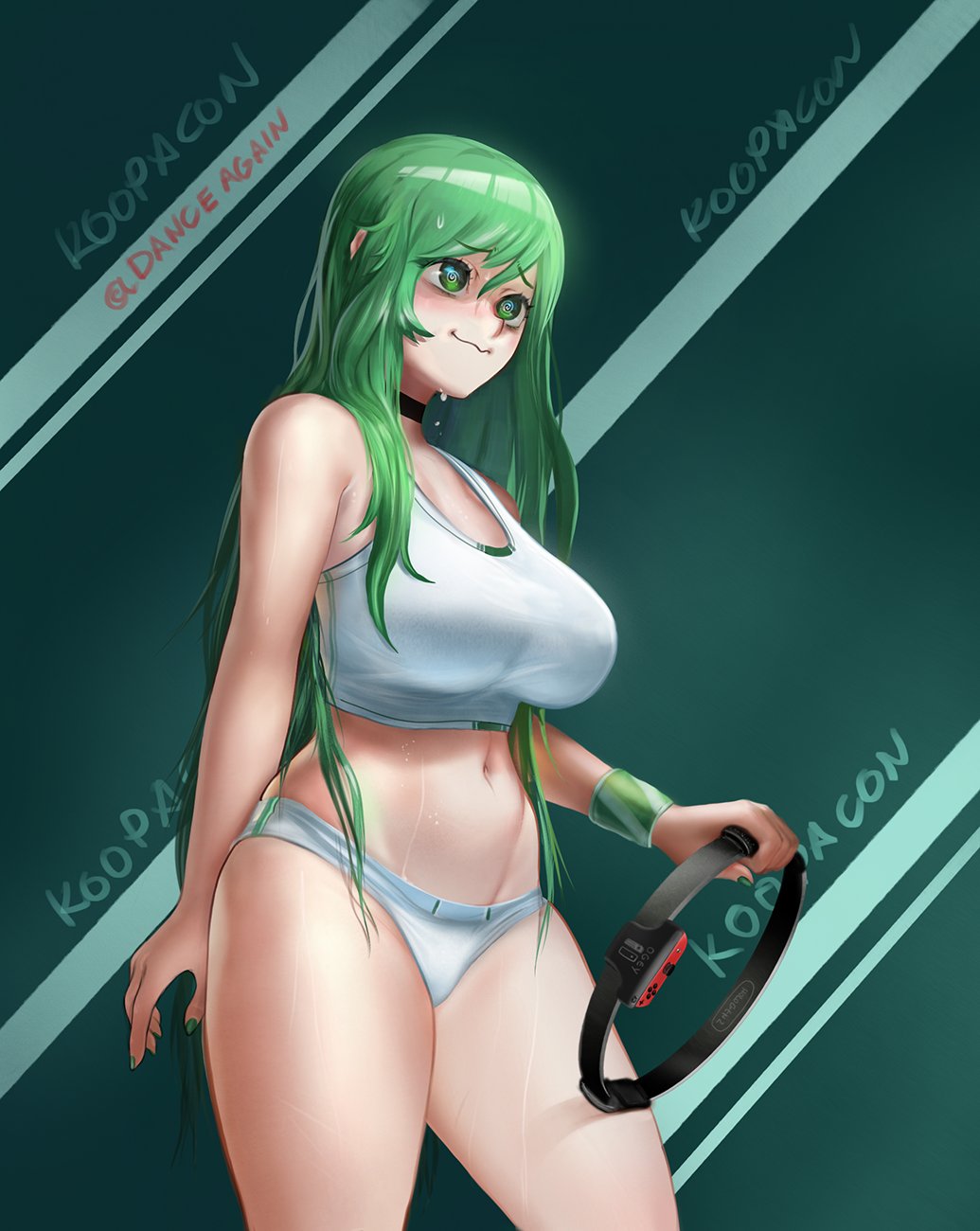 1girl bags_under_eyes blush breasts choker cowboy_shot danceagainart english_commentary green_eyes green_hair green_nails highres holding indie_virtual_youtuber koopa_fortuna large_breasts long_hair midriff navel ring_fit_adventure solo spiral_eyes sports_bikini standing sweat wristband