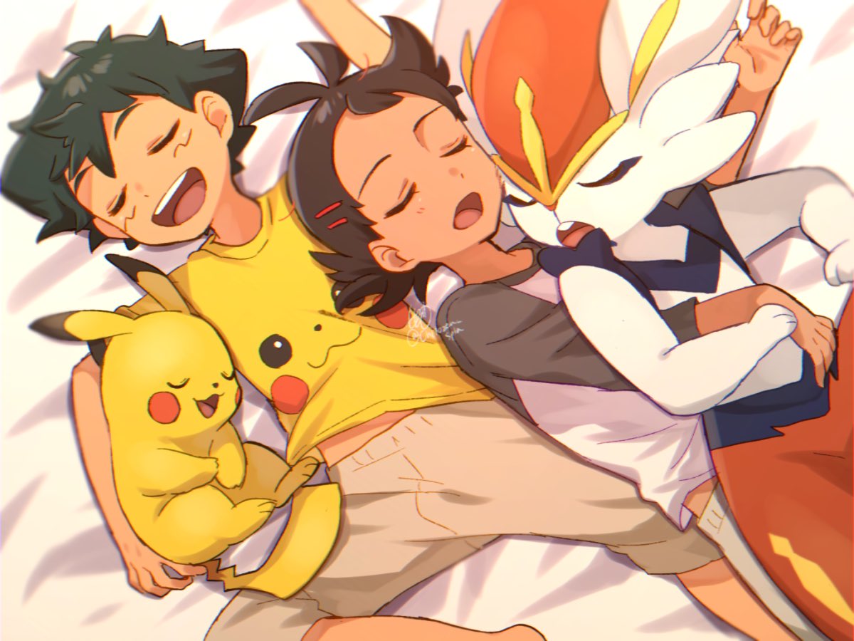 2boys antenna_hair ash_ketchum bangs bed_sheet beige_pants brown_hair capri_pants character_print chitozen_(pri_zen) cinderace closed_eyes eyelashes from_above gen_1_pokemon gen_8_pokemon goh_(pokemon) lying male_focus multiple_boys on_back open_mouth pants pikachu pokemon pokemon_(anime) pokemon_(creature) pokemon_swsh_(anime) print_shirt shirt short_hair short_sleeves sleeping symbol_commentary t-shirt teeth tongue