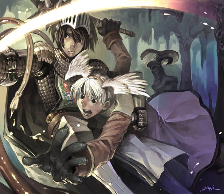 2boys acolyte_(ragnarok_online) armor armored_boots bangs black_eyes black_gloves black_pants boots brown_eyes brown_hair cape cassock cave chainmail closed_mouth commentary_request dated emblem fake_wings flail full_body gauntlets gloves grabbing grandyoukan green_cape hair_between_eyes hairband head_wings holding holding_sword holding_weapon knight_(ragnarok_online) korean_commentary long_sleeves looking_to_the_side male_focus morning_star multiple_boys open_mouth opencanvas_(medium) pants pauldrons ragnarok_online reaching_out short_hair shoulder_armor signature sword tabard teeth tripping weapon white_hair wings
