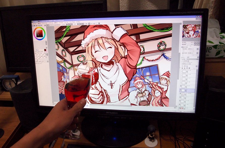 1boy 2d_dating 4girls alcohol archbishop_(ragnarok_online) bangs black_coat blonde_hair blue_dress bow breasts brown_eyes brown_hair brown_shorts christmas closed_eyes closed_mouth coat commentary_request crop_top cross cross_necklace cup detached_sleeves doridori dress drinking_glass eyebrows_visible_through_hair hair_between_eyes hand_on_headwear happy hat hatching_(texture) high_priest_(ragnarok_online) hunter_(ragnarok_online) indoors jewelry linear_hatching long_hair long_sleeves looking_at_another looking_at_viewer looking_to_the_side medium_breasts medium_hair midriff miniskirt multiple_girls necklace open_mouth painttool_sai painttool_sai_(medium) party_popper photo_(medium) pink_hair priest_(ragnarok_online) professor_(ragnarok_online) ragnarok_online red_coat red_dress red_sleeves santa_hat sash shirt short_hair shorts shorts_under_skirt silver_hair skirt sleeveless sleeveless_dress smile standing streamers striped_sleeves two-tone_coat two-tone_dress upper_body white_bow white_dress white_sash white_shirt window wine wine_glass wreath yellow_sash yellow_sleeves