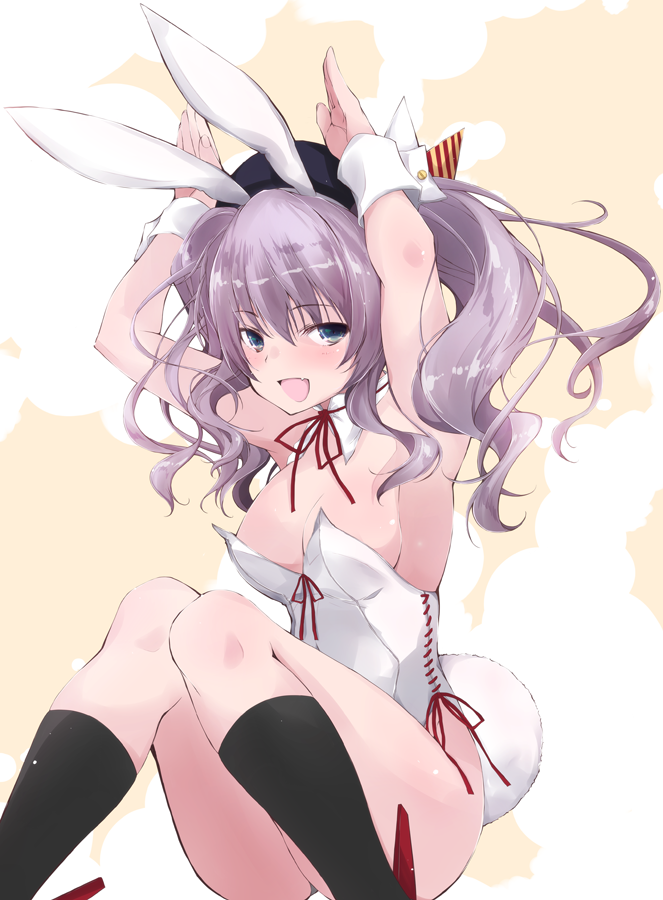 1girl animal_ears beret black_headwear black_legwear blue_eyes breasts bunny_pose bunny_tail commentary_request detached_collar fake_animal_ears hat kantai_collection kashima_(kantai_collection) kneehighs large_breasts leotard looking_at_viewer neck_ribbon playboy_bunny rabbit_ears red_ribbon ribbon sidelocks silver_hair solo strapless strapless_leotard tail twintails wavy_hair white_leotard wrist_cuffs yumesato_makura