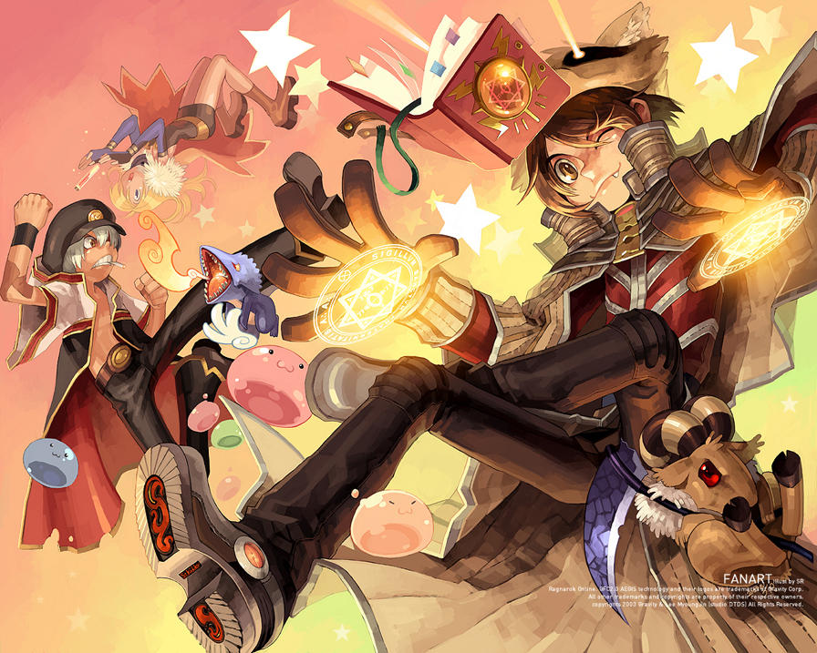 1girl 2boys :3 alchemist_(ragnarok_online) angel_wings angeling bangs baphomet_jr black_jacket black_pants blonde_hair blue_gloves book boots breathing_fire brown_cape brown_capelet brown_eyes brown_footwear brown_gloves brown_hair brown_headwear brown_pants cabbie_hat cape cigarette clenched_teeth closed_mouth commentary_request demon dragon drops_(ragnarok_online) elbow_gloves fang fingerless_gloves fire full_body fur-trimmed_cape fur_trim gloves grandyoukan hair_between_eyes hat jacket kicking korean_commentary looking_at_another looking_at_viewer looking_to_the_side magic_circle marin_(ragnarok_online) monk_(ragnarok_online) multiple_boys one_eye_closed open_mouth pants petite_(ragnarok_online) poporing poring ragnarok_online red_eyes red_jacket red_shirt sage_(ragnarok_online) scythe shirt shoes short_hair smile star_(symbol) striped_cape striped_capelet teeth two-sided_fabric two-sided_jacket upside-down waist_cape white_hair white_jacket wings