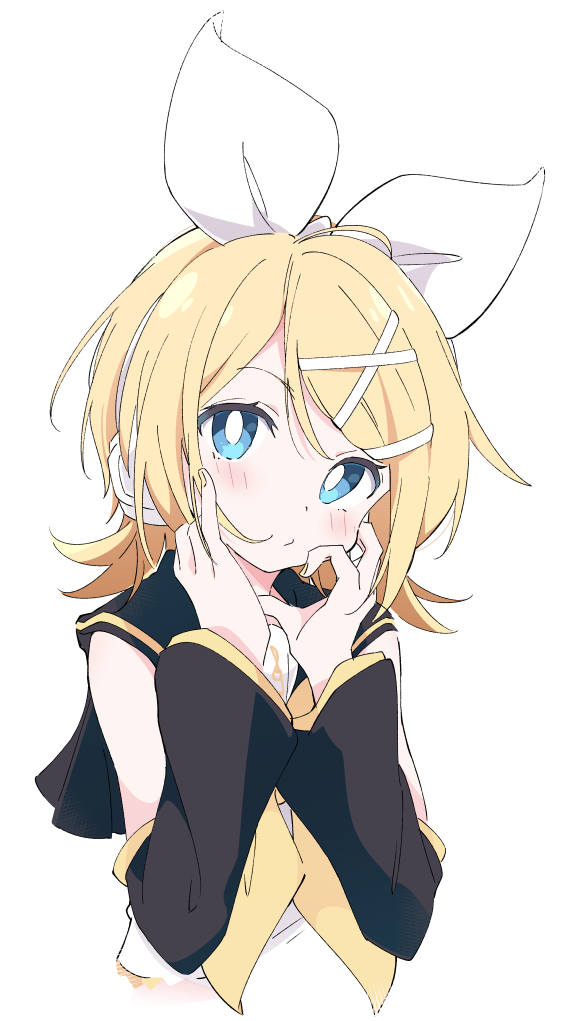1girl black_sailor_collar blonde_hair blue_eyes blush detached_sleeves hair_ornament hairband hands_up ixy kagamine_rin looking_at_viewer sailor_collar short_hair simple_background solo upper_body vocaloid white_background white_hairband x_hair_ornament