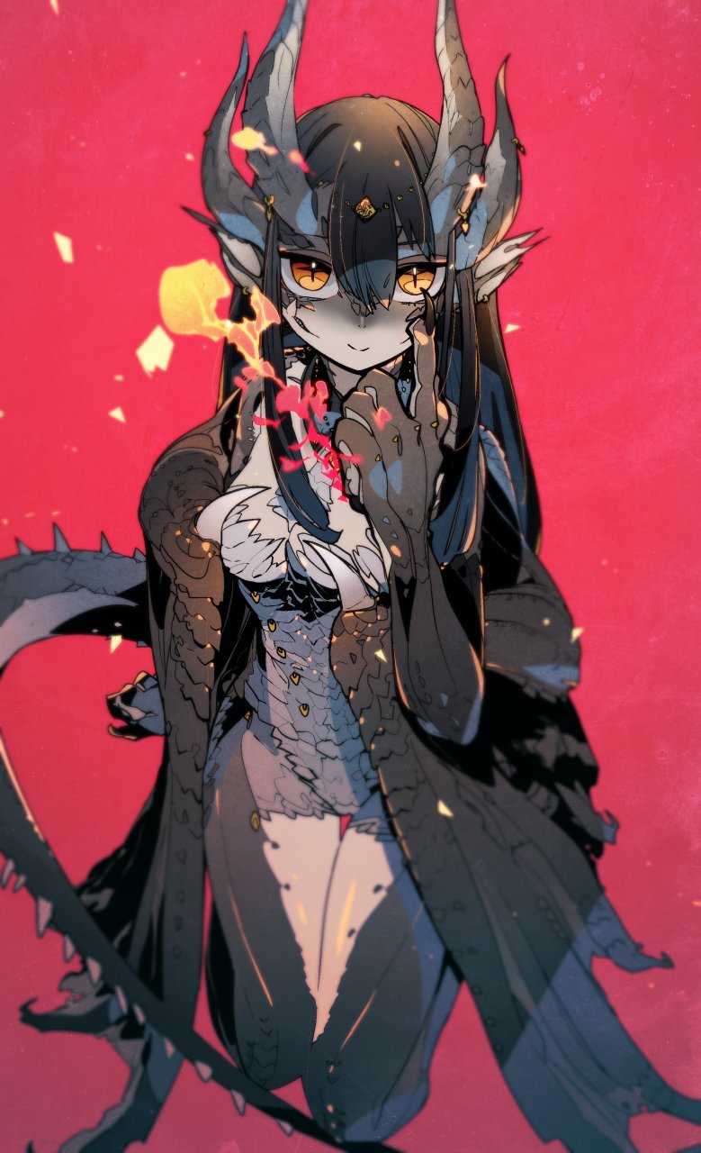 1girl animal_ears beckoning black_nails breasts closed_mouth colored_skin dragon_girl dragon_horns dragon_tail dragon_wings fingernails fire grey_skin hand_up highres horns kneeling kuroi_moyamoya looking_at_viewer medium_breasts multicolored multicolored_skin multiple_horns orange_eyes original pointy_ears red_background scales sharp_fingernails simple_background slit_pupils smile solo tail wings