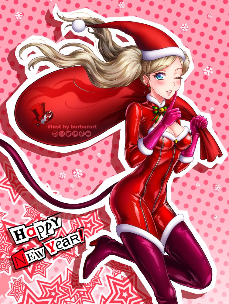 1girl artist_name blonde_hair blue_eyes bodysuit boots breasts burbur commentary earrings english_commentary eyebrows_visible_through_hair finger_to_mouth gloves hair_ornament happy_new_year hat jewelry long_hair looking_at_viewer medium_breasts mixed-language_commentary new_year one_eye_closed outline persona persona_5 polka_dot polka_dot_background red_bodysuit sack santa_costume santa_hat shushing snowflake_hair_ornament solo star_(symbol) takamaki_anne thigh-highs thigh_boots twintails white_outline