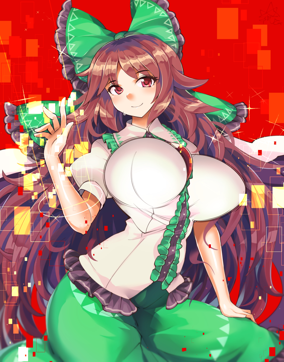 1girl alternate_breast_size bangs bare_arms bird_wings black_wings bouncing_breasts bow breast_expansion breasts brown_hair cape center_frills clip_studio_paint_(medium) closed_mouth collared_shirt frilled_bow frilled_shirt frilled_shirt_collar frills green_bow green_skirt hair_bow hand_rest hand_up highres huge_bow huge_breasts impossible_clothes impossible_shirt long_hair long_skirt looking_at_viewer motion_lines parted_bangs puffy_short_sleeves puffy_sleeves red_eyes reiuji_utsuho shirt short_sleeves sitting skirt smile solo sweat third_eye touhou umigarasu_(kitsune1963) unaligned_breasts very_long_hair wings