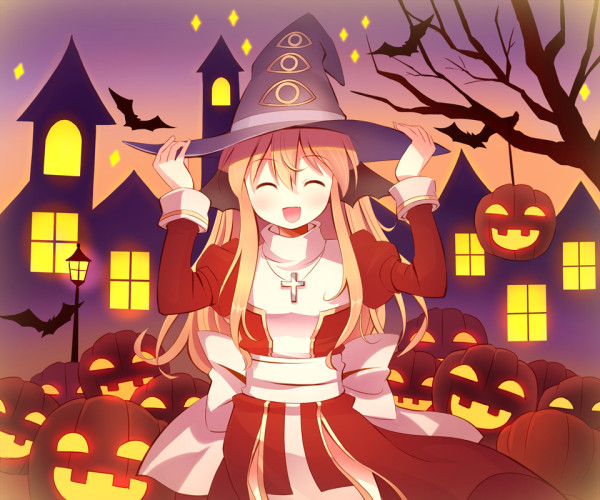 1girl bangs bat bat_wings blonde_hair bow closed_eyes commentary_request cowboy_shot cross cross_necklace doridori dress eyebrows_visible_through_hair hair_between_eyes halloween hand_on_headwear happy hat head_wings high_priest_(ragnarok_online) jack-o'-lantern jewelry lamppost long_hair necklace open_mouth orange_sky pumpkin ragnarok_online red_dress sash sky solo sparkle standing town tree two-tone_dress white_bow white_dress white_sash window wings witch_hat