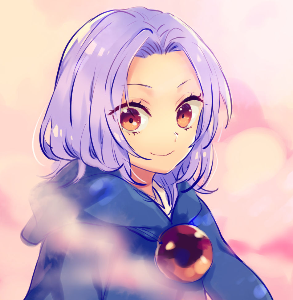 1girl black_cloak blurry_foreground breasts brooch cloak closed_mouth clouds commentary hood hood_down jewelry kesa kumoi_ichirin large_breasts light_purple_hair looking_at_viewer medium_hair orb parted_hair pink_background red_eyes smile solo tomobe_kinuko touhou unzan upper_body