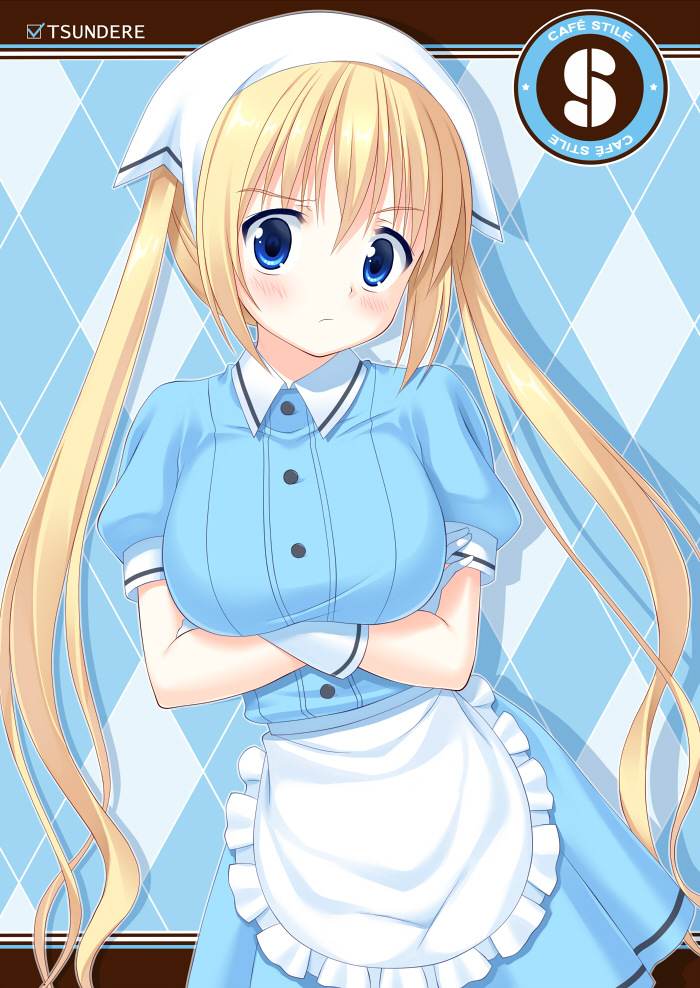 1girl apron argyle argyle_background blend_s blonde_hair blue_background blue_eyes blue_shirt blush breasts buttons collared_dress cowboy_shot crossed_arms dress embarrassed eyebrows_visible_through_hair frilled_apron frills gloves hair_between_eyes head_scarf hinata_kaho hinata_keiichi large_breasts long_hair looking_at_viewer shirt short_dress short_sleeves solo stile_uniform twintails uniform waist_apron waitress white_apron white_gloves white_headwear