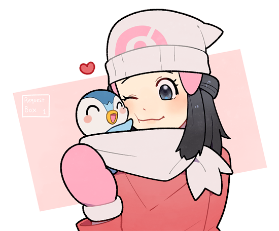 1girl :3 ^_^ beanie bird black_eyes closed_eyes commentary_request hikari_(pokemon) gen_4_pokemon gloves happy hat jaho one_eye_closed penguin pink_gloves piplup pokemon pokemon_(game) pokemon_dppt pokemon_platinum scarf upper_body white_headwear white_scarf winter_clothes