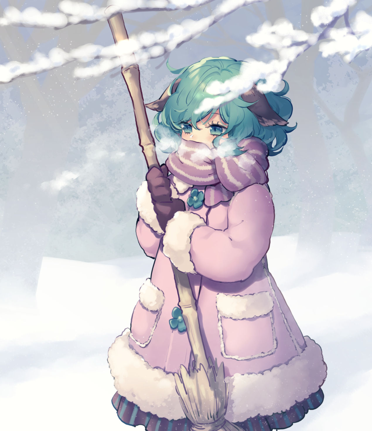 1girl animal_ears bamboo_broom bangs blurry_foreground blush branch breath broom commentary_request covered_mouth cowboy_shot dog_ears eyebrows_behind_hair eyelashes fur_trim green_eyes green_hair grey_background highres holding holding_broom kasodani_kyouko looking_ahead pink_coat pink_scarf scarf short_hair snow solo standing striped striped_scarf tomobe_kinuko touhou wavy_hair