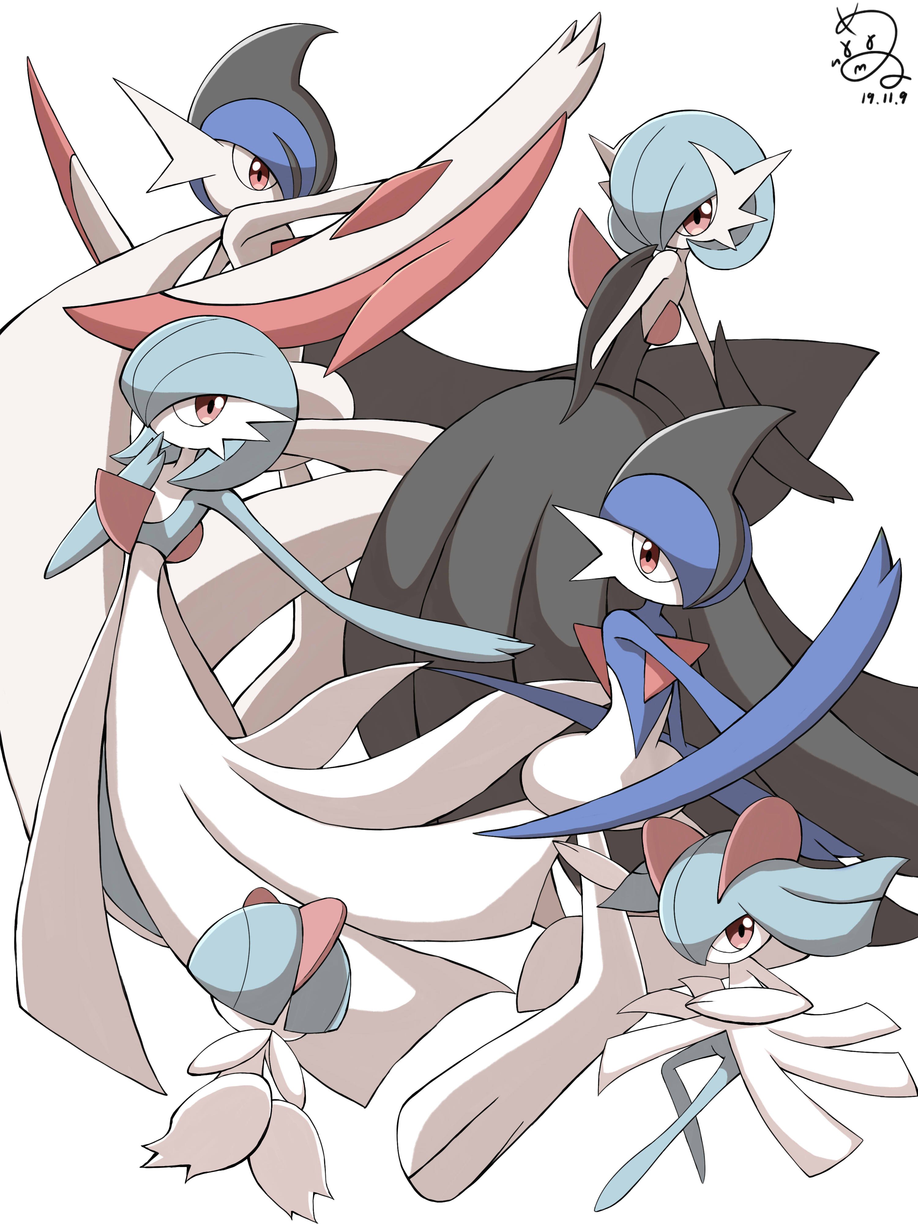 Safebooru - absurdres alternate color colored skin commentary request dated gallade  gardevoir gen 3 pokemon gen 4 pokemon hand up highres jahana mei kirlia  mega gallade mega gardevoir mega pokemon outstretched arm