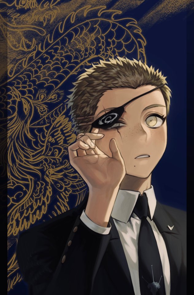 1boy animal_print bird_print black_eyepatch black_jacket black_neckwear blind blue_background brown_eyes collared_shirt commentary_request dangan_ronpa_(series) dangan_ronpa_2:_goodbye_despair eyepatch eyepatch_lift formal freckles hand_up jacket kuzuryuu_fuyuhiko male_focus mole mole_under_mouth necktie one-eyed pekupe_(p_krr) scar scar_across_eye shirt short_hair solo spoilers suit teeth upper_body very_short_hair white_shirt