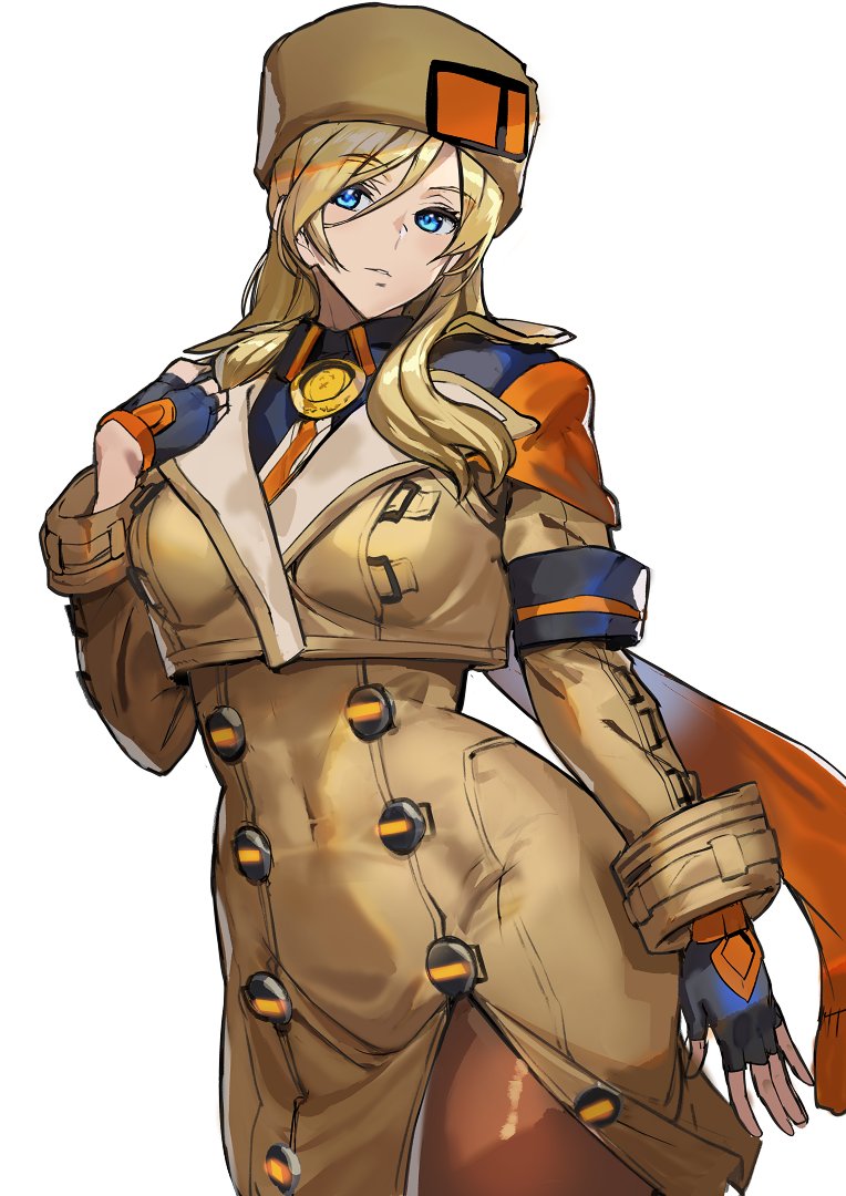 1girl arm_scarf ashiomi_masato black_gloves blonde_hair blue_eyes breasts brown_headwear brown_legwear buttons coat eyebrows_visible_through_hair fingerless_gloves fur_hat gloves guilty_gear guilty_gear_strive hair_between_eyes hand_on_own_chest hat jacket large_breasts long_hair millia_rage pantyhose solo thigh-highs thighs ushanka wide_hips