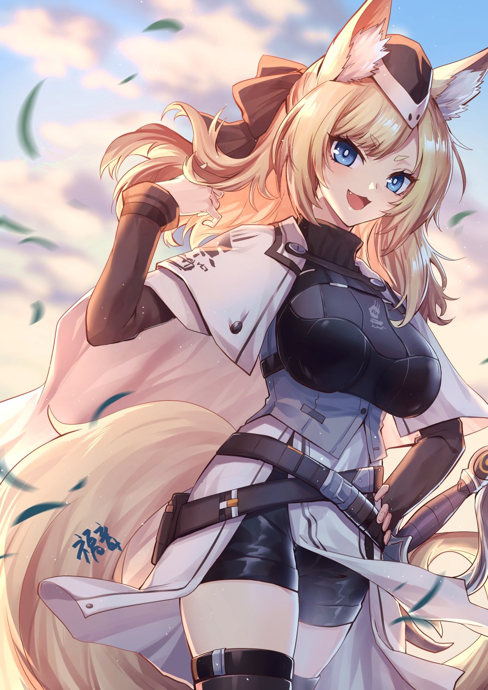 1girl :3 animal_ears arknights armor black_bow black_shorts blonde_hair blue_eyes bow breasts cape clouds cowboy_shot dutch_angle eyebrows_visible_through_hair fang gogatsu_fukuin hair_bow hand_on_hip hand_up highres horse_ears horse_tail kingdom_of_kazimierz_logo large_breasts long_hair looking_at_viewer outdoors shorts sky solo standing tail thigh-highs thighs v-shaped_eyebrows whislash_(arknights) white_cape