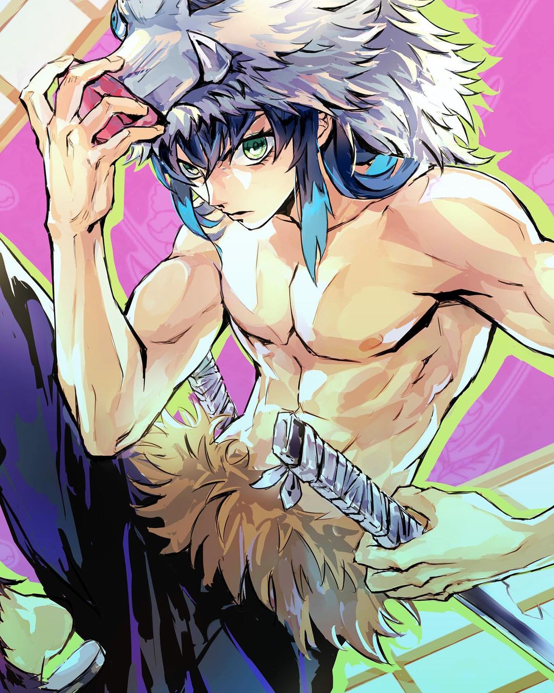 1boy abs arm_up bangs blue_hair blue_pants boar_mask closed_mouth commentary english_commentary green_eyes green_outline hair_between_eyes hashibira_inosuke highres holding holding_sword holding_weapon katana kimetsu_no_yaiba looking_at_viewer male_focus mask mask_on_head medium_hair multicolored multicolored_background multicolored_hair muscular nipples outline painttool_sai_(medium) pants parted_lips pectorals sandals serious shirtless solo sword two-tone_hair weapon zzyzzyy