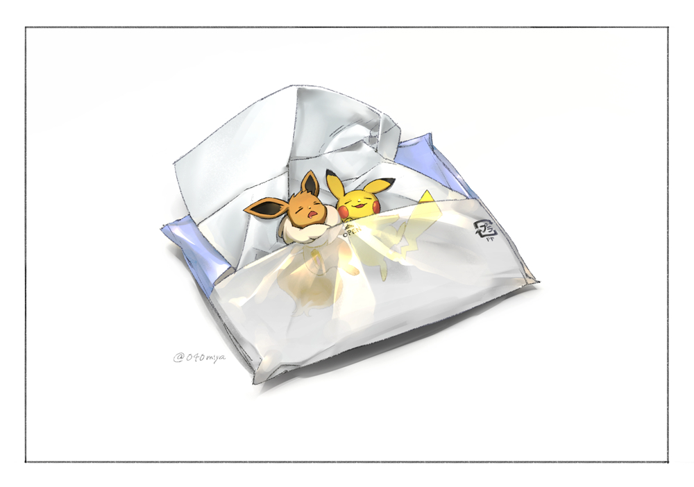 border closed_eyes commentary_request drooling eevee gen_1_pokemon lying narumiya_(040miya) on_back open_mouth paws pikachu plastic_wrap pokemon sleeping smile toes transparent under_covers watermark wet_wipes white_background white_border