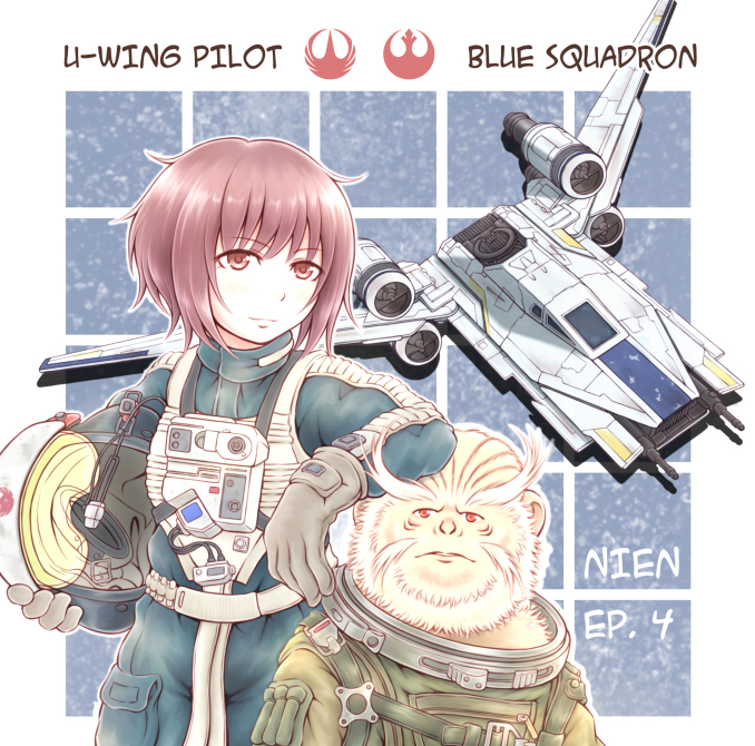 1boy 1girl alien bistan english_text gloves grey_gloves helmet holding holding_helmet laren_joma leaning_on_person looking_at_viewer looking_to_the_side nosh pilot_suit red_eyes redhead rogue_one:_a_star_wars_story science_fiction space_craft star_wars u-wing