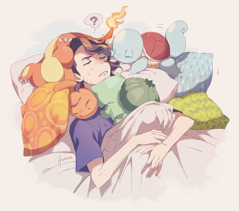 1boy augustine_sycamore bangs black_hair bulbasaur charmander closed_eyes commentary_request facial_hair gen_1_pokemon kusuribe lying male_focus on_back parted_lips pillow pokemon pokemon_(creature) pokemon_(game) pokemon_xy purple_shirt shirt short_sleeves signature sleeping squirtle starter_pokemon_trio sweat thought_bubble under_covers