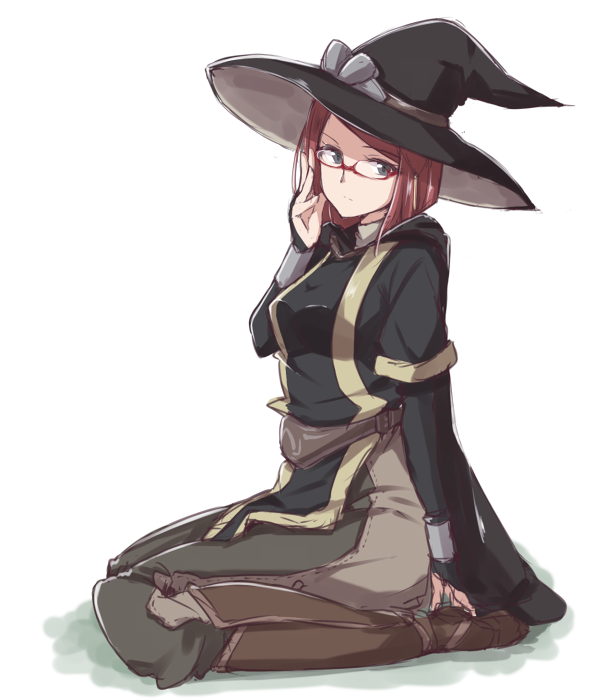 1girl boots closed_mouth fingerless_gloves fire_emblem fire_emblem_awakening full_body glasses gloves grass hand_up hat jiino kneeling looking_at_viewer miriel_(fire_emblem) redhead short_hair sitting solo white_background witch_hat
